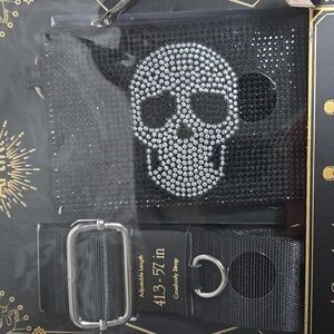 Artiki Adjustable Phone Strap With Rhinestone Skull  Attachable Wallet NIB